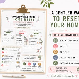 K&ouml;nnte beinhalten: Ein druckbarer A4-Digital-Download mit dem Titel Overwhelmed Home Reset auf einem Klemmbrett. Das Dokument enth&auml;lt Checklisten f&uuml;r Reinigungsaufgaben nach Energielevel, nummerierte Schritte zum Aufr&auml;umen und kleine Erinnerungen in Gr&uuml;n, Pink und Blau.