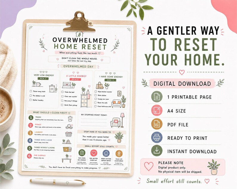 K&ouml;nnte beinhalten: Ein druckbarer A4-Digital-Download mit dem Titel Overwhelmed Home Reset auf einem Klemmbrett. Das Dokument enth&auml;lt Checklisten f&uuml;r Reinigungsaufgaben nach Energielevel, nummerierte Schritte zum Aufr&auml;umen und kleine Erinnerungen in Gr&uuml;n, Pink und Blau.
