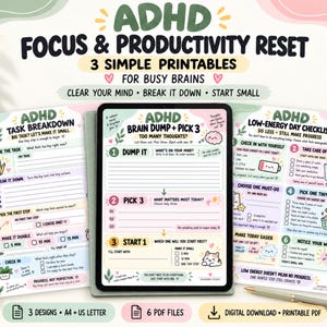 May include: Three printable ADHD focus and productivity worksheets featuring task breakdown, brain dump, and low-energy day checklists. The designs include pastel colours, numbered steps, checkboxes, and illustrations of a cat, clouds, and plants.