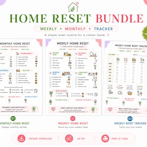 Könnte beinhalten: Ein Home Reset Bundle bestehend aus drei druckbaren Seiten: Monthly Home Reset, Weekly Home Reset und Weekly Home Reset Tracker. Die Dokumente enthalten Checklisten, Symbole und Text zur Organisation von Reinigungsaufgaben im Haushalt.