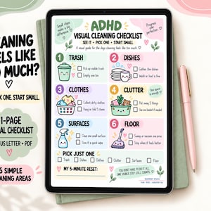 Peut inclure: Une tablette numérique affichant une liste de contrôle visuelle de nettoyage TDAH avec des sections aux couleurs pastel pour les déchets, la vaisselle, les vêtements, le désordre, les surfaces et le sol. Elle inclut des cases à cocher et des illustrations.