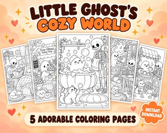 Geister-Malvorlagen-Paket: 5 Halloween-Motive, druckbare PDF-Datei mit farbigen Beispielen