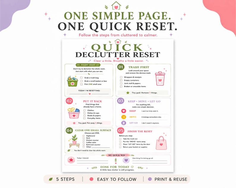 May include: A white printable checklist titled Quick Declutter Reset with five numbered steps for organizing a space. The document features green and pink text, icons of a trash bin, a basket, and a bag, plus sections for daily goals and notes.