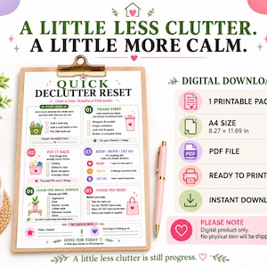 May include: A digital download Quick Declutter Reset checklist on a clipboard with a pink pen. The printable page features five steps for organizing, including trash removal and surface clearing, with A4 size 8.27 x 11.69 inches text visible.