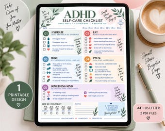 ADHDセルフケアチェックリスト（印刷可能）、毎日のウェルネスルーティン、穏やかなセルフケアプランナー、気分チェック、A4/USレターサイズPDF