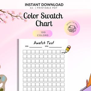 Può includere: Una tabella di campioni di colore A4 stampabile con una griglia per 100 colori. Il documento include il testo "Color Swatch Chart" e "Swatch Test" con linee vuote per marca e serie. Il design è decorato con rami di ciliegio, una matita, una tavolozza di colori e un astuccio.