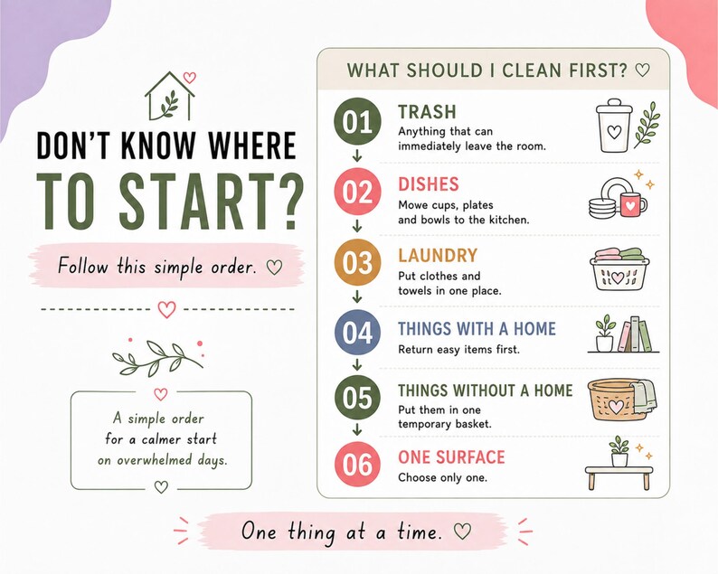 K&ouml;nnte beinhalten: Eine Reinigungsanleitung als Infografik mit dem Titel DON'T KNOW WHERE TO START? und einer nummerierten Liste von 01 bis 06. Sie beschreibt die Schritte: TRASH, DISHES, LAUNDRY, THINGS WITH A HOME, THINGS WITHOUT A HOME und ONE SURFACE mit Symbolen.