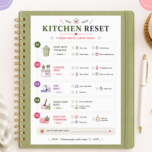 Op de afbeelding: Een spiraalgebonden notitieboek met een groene kaft met een gedrukte Kitchen Reset-checklist. De pagina bevat vijf genummerde secties met iconen en selectievakjes voor taken zoals opruimen, afwassen en het schoonmaken van de vloer.