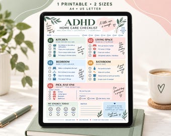 ADHD向け朝のチェックリスト（印刷可能）、穏やかな日課、セルフケアと集中力ワークシート、A4サイズ、米国レターサイズ、PDF即時ダウンロード