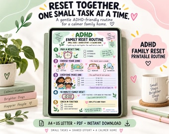 ADHD家族向けルーティン印刷用シート、家族向け家事分担表、10分間のホームリセット、子供と大人向けの掃除チェックリスト、A4/USレターサイズPDF