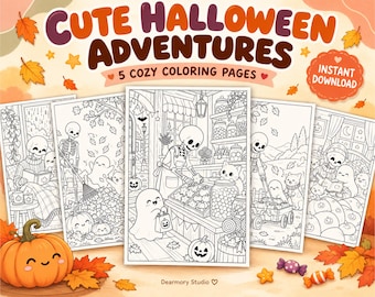 Paquete de adorables páginas para colorear de Halloween, 5 páginas imprimibles acogedoras, gato esqueleto fantasma, PDF para colorear de otoño, descarga instantánea.