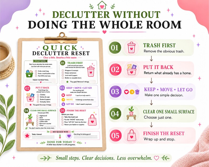 May include: A clipboard featuring a Quick Declutter Reset guide with five steps: Trash First, Put It Back, Keep-Move-Let Go, Clear One Small Surface, and Finish The Reset. The document includes icons, checkboxes, and text instructions for organizing.