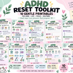May include: A digital ADHD reset toolkit featuring 10 printable pages with pastel illustrations. The sheets include checklists for cleaning, daily routines, task breakdowns, and brain dumps, all labeled with titles like ADHD Cleaning Starter.