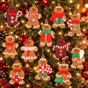 Juego de adornos navideños de jengibre para árbol de Navidad, figuras de galletas de plástico suave surtidas con cordones dorados, dulces, cocina, decoración navideña colgante