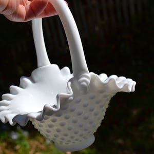 Flower Girl Basket. Something Old New Borrowed Blue. Fenton Milk Glass Hobnail Bridal Basket.  Bridal Shower. White Glass.  -  VG178