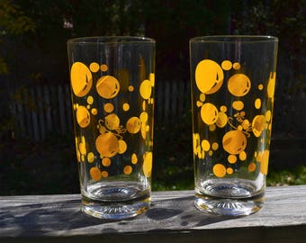 Mid Century Modern. Vandel High Ball Glasses. Set of 2. Vandel Bar. Heavy Tumbler. Orange Bubble Tumblers. Vandel Bubble Tumblers. - VG184