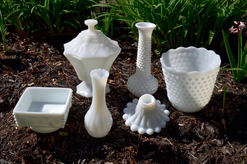 EO Brady VG232 Compote Vase Candlestick Collection Vintage Hobnail Milk Glass Mixed Collection Westmoreland Grapes Set of 7