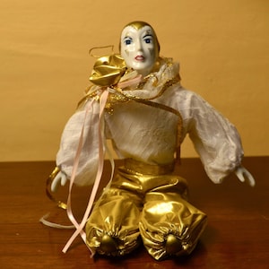 Doll. Mime Doll. Christmas Decor.  Gold and White Christmas Ornament. Mime Gift. Gift for Her.  Pierrot the Clown.  Porcelain Doll. - VCYR52
