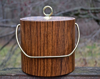 Mid Century Ice Bucket.  1950s Vinyl Faux Bois Wood Grain Ice Bucket with Matching Lid.  - VHW16