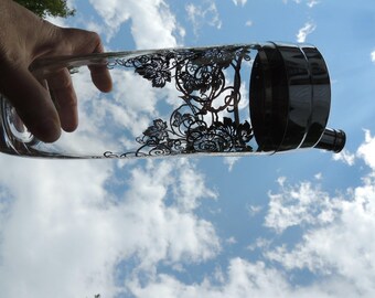 1950s Siver Overlay Glass & Chrome Cocktail Shaker.  Grape Leaf Vine Grape Clusters. Chrome lid w Screw on Spout Cap.     - VG148