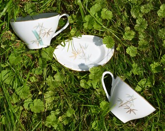 1960s 1970s Noritake Oriental Pattern Flat Cup Green White. Bamboo Motif. Gold Trim.VC403