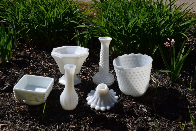 EO Brady VG232 Compote Vase Candlestick Collection Vintage Hobnail Milk Glass Mixed Collection Westmoreland Grapes Set of 7