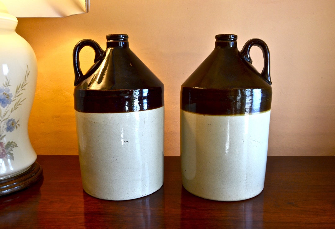 Set of 2 Antique Whiskey Jugs, Antique Stoneware Pottery, Matched Set