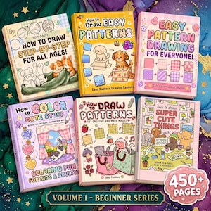 May include: A collection of six instructional drawing and coloring books featuring pastel covers with illustrations of animals, patterns, and objects. Titles include How to Draw Step-by-Step, How to Draw Easy Patterns, Easy Pattern Drawing, How to Color Cute Stuff, How to Draw Patterns, and How to Draw Super Cute Things.