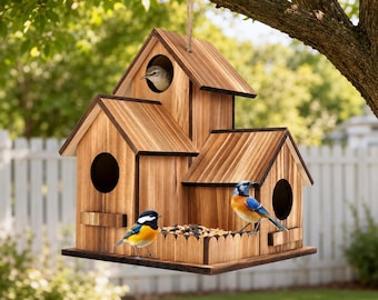 Handcrafted Wooden Bird House for Outside, Large 3 Hole Bird Feeder House for Bluebirds Cardinals Finches, Garden Gift Decor