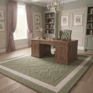 Sage Green Textured Area Rug – Elegant Geometric Border Pattern for Living Room, Traditional Farmhouse & Modern Home Decor, Soft Durable Flo
