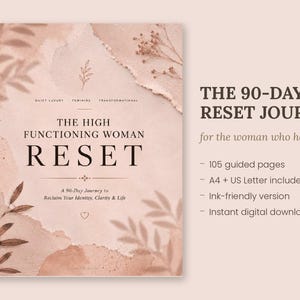 Könnte beinhalten: Ein digitales Journal-Cover mit dem Titel The High Functioning Woman Reset, das einen weichen beigen Aquarellhintergrund mit botanischen Blattillustrationen zeigt. Der Text umfasst A 90-Day Journey to Reclaim Your Identity, Clarity & Life, 105 geführte Seiten sowie A4 + US Letter enthalten.