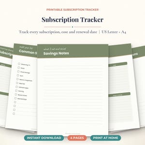 May include: A printable subscription tracker set featuring four pages with sage green headers and white backgrounds. The pages include sections for My Subscriptions, Common Subscriptions, Savings Notes, and various lists for tracking costs and renewal dates.