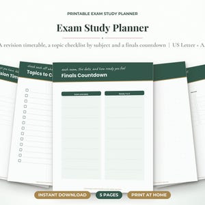 May include: A printable exam study planner set consisting of five pages with a dark green and white color scheme. The pages feature headers such as Revision Timetable, Topics to Cover, and Finals Countdown, with checkboxes and lined sections.