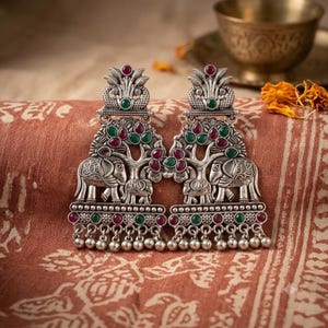 Oxidized Silver Elephant Earrings, Indian Ethnic Dangle Earrings, Ruby Emerald Tribal Jhumka, Antique Boho Statement Jewelry, Gift for Her