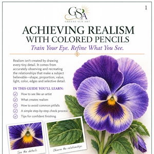 Può includere: Una guida didattica intitolata Achieving Realism with Colored Pencils di Greene Sun Art. Presenta un'illustrazione dettagliata di un fiore di viola del pensiero viola e giallo, due foto più piccole inserite di un fiore e una foglia, e una lista.
