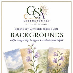Può includere: Una guida Greene Sun Art Skills Series intitolata Backgrounds, con il testo Explore simple ways to support and enhance your subject. La copertina mostra quattro stampe rettangolari con illustrazioni in stile acquerello di paesaggi e fiori viola a forma di campana.