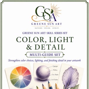 May include: A Greene Sun Art skill series multi-guide set titled Color, Light & Detail. The graphic features a colour wheel, a shaded sphere with labels for highlight, midtone, core shadow, and cast shadow, and a purple petal illustration.