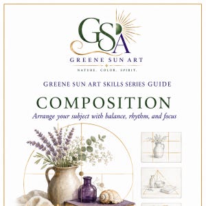 May include: A Greene Sun Art Skills Series guide titled Composition, featuring a floral arrangement in a ceramic pitcher, a purple glass bottle, and a seashell. The guide includes instructional diagrams with golden lines and text overlays.