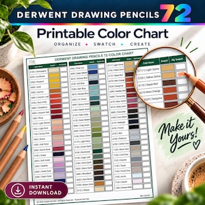 Può includere: Una tabella dei colori stampabile per 72 matite da disegno Derwent con una griglia di nomi di colori, caselle per i campioni e una lente d'ingrandimento che evidenzia voci specifiche. Il documento include il testo Derwent Drawing Pencils 72 Color Chart.