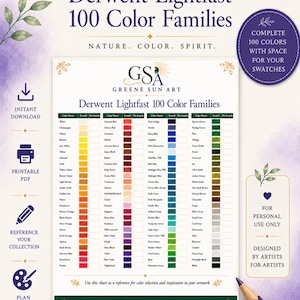 Op de afbeelding: Een printbare kleurenkaart getiteld Derwent Lightfast 100 Color Families van Greene Sun Art. Het document bevat een raster met 100 kleurnamen met bijbehorende kleurblokken en lege ruimtes voor persoonlijke stalen en diverse iconen.