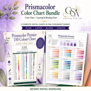 Op de afbeelding: Een digitale bundel met een Prismacolor kleurenkaart en een Layering & Blending kaart van Greene Sun Art. De kaarten bevatten een lijst van 150 kleuren, kleurstalen en instructies voor het gelaagd aanbrengen en mengen van kleurpotloden.