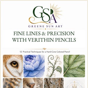 Könnte beinhalten: Eine digitale Grafik mit dem Text GSA GREENE SUN ART, FINE LINES & PRECISION WITH VERITHIN PENCILS und 12 Practical Techniques for a Hard-Core Colored Pencil. Darunter befinden sich acht quadratische Bilder, die ein Eulenauge, eine blaue Blume, eine Ranke, ein Blatt, eine Feder, eine Tiernase, Baumrinde und geometrische Linienkunst zeigen.