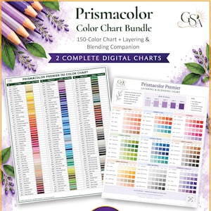 May include: A digital bundle featuring a Prismacolor 150-color chart and a layering and blending companion chart. The documents include lists of color names, numbers, and swatches, with text detailing instructions for reading the charts.