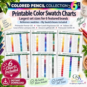 May include: A collection of six printable colour swatch charts for coloured pencils, featuring brands like Prismacolor, Faber-Castell, Holbein, Caran d'Ache, and Derwent. The charts include reference swatches and empty boxes for personal testing.