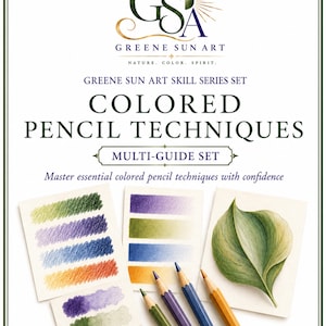 May include: Greene Sun Art Colored Pencil Techniques multi-guide set featuring instructional text, color swatches showing layering and blending, and a detailed leaf illustration. Four colored pencils in green, purple, blue, and yellow are included.