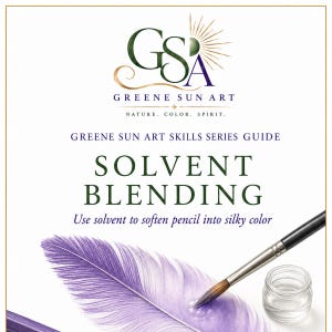 Puede incluir: Una guía Greene Sun Art Skills Series titulada Solvent Blending con el texto Use solvent to soften pencil into silky color. El gráfico muestra una pluma morada, un pincel con mango negro y un pequeño frasco de vidrio transparente.