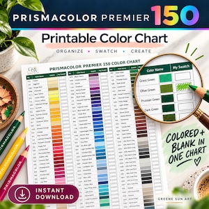 Op de afbeelding: Een printbare Prismacolor Premier 150 kleurenkaart met een raster van kleurnamen en lege vakjes. Het document bevat een vergrootglas dat specifieke groentinten markeert en de tekst Prismacolor Premier 150.