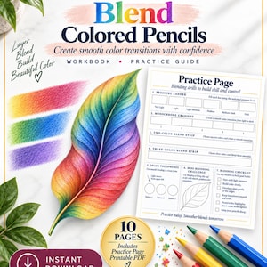 Könnte beinhalten: Ein Arbeitsbuch mit dem Titel How to Blend Colored Pencils inklusive Übungsanleitung, das eine regenbogenfarbene Blattillustration, Farbmischbeispiele, eine Übungsseite mit Aufgaben sowie drei Buntstifte in Rot, Gelb, Blau und Grün zeigt.