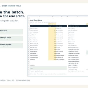 Puede incluir: Una hoja de cálculo digital titulada Laser Batch Quote para negocios de grabado láser. La interfaz muestra campos de entrada para referencia de trabajo, costos y tiempo de máquina, junto con resultados calculados de márgenes.