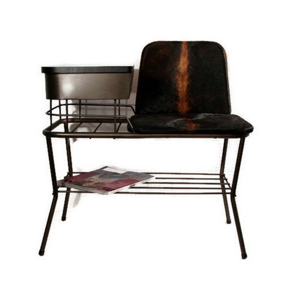 Vintage Mid Century téléphone siège meubles récupérés - banc de Gossip - - cuir de vachette - années 1960 - Lu Van - cuivre noir